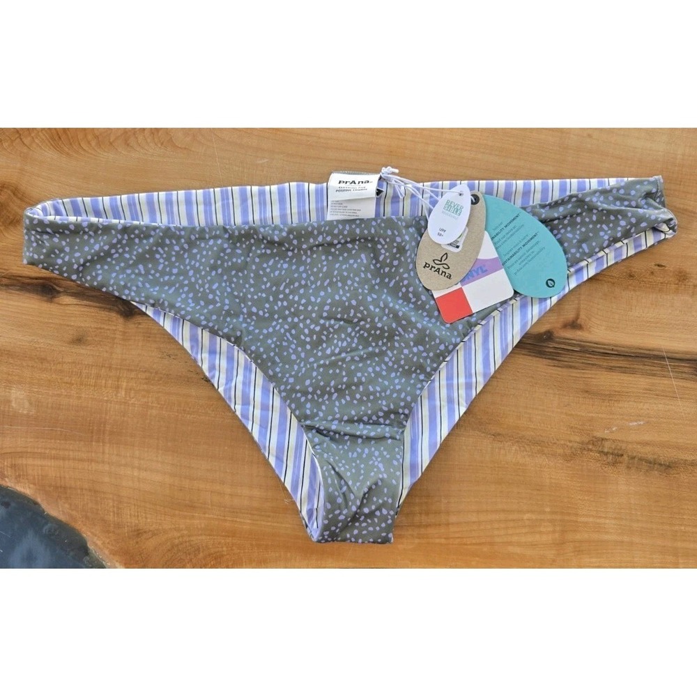 prAna Womens Large Reversible Swim Bikini Bottoms Olive Purple Stripe UPF 50 NWT